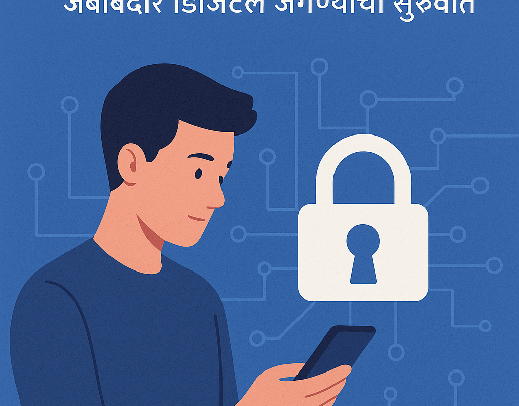 स्मार्टफोन वापरत असलेला व्यक्ती लॉक चिन्ह आणि डिजिटल नेटवर्कच्या पार्श्वभूमीवर – ऑनलाइन गोपनीयता आणि सोशल मीडिया सुरक्षिततेचे प्रतीक दर्शवणारी प्रतिमा.